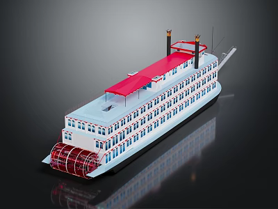 Vintage Paddlewheel Steamboat With Red Roof White Hull Two Chimneys And Paddlewheel Propulsion 3d model