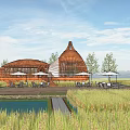 Rural Landscape Featuring Orange Circular Buildings Amid Rice Fields Outdoor Seating And Blue Sky