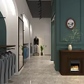 Clothing Store Interior With Teal Walls Reception Desk Hanging Clothes And Mannequin In Suit