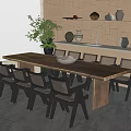 Rustic Dining Table Set With Long Wooden Table Multiple Chairs Ceramic Vases And Plant 3d model