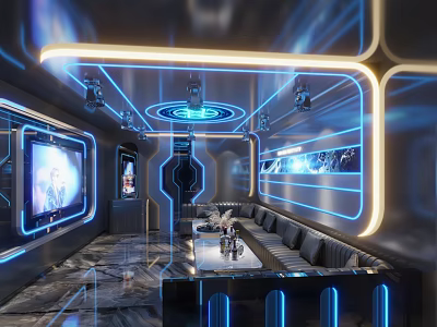 Modern Tech Style KTV Interior Design With Blue Lighting Large Screen And Sofa Seats 3d model