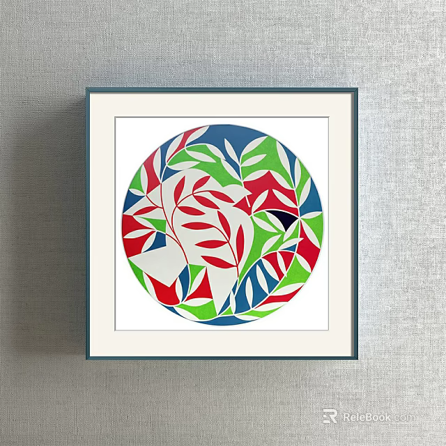 Circular Decorative Wall Art With Red Green Blue Leaf Patterns And Frame On Gray Wall 3d model