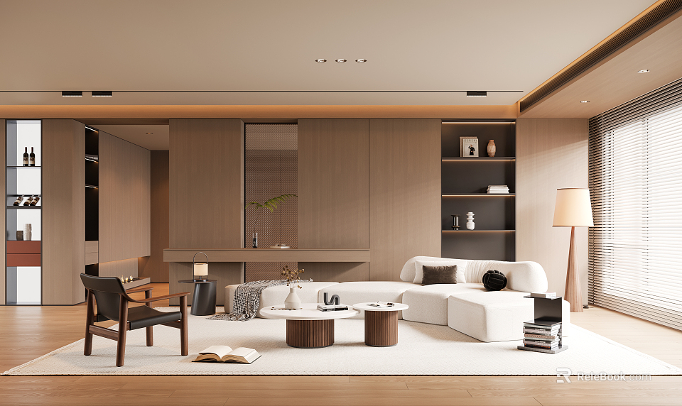 Modern Living Room Interior With White Sofa Wooden Cabinets And Round Coffee Tables 3d model 