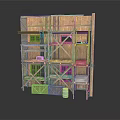Wooden Multi Level Building Model With Shelves Windows And Blue Barrel