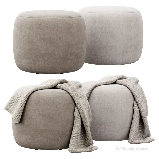 Round Light Gray Upholstered Stools With Soft Blanket On Top Surface 3d model 