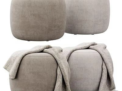 Round Light Gray Upholstered Stools With Soft Blanket On Top Surface 3d model