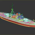 Red and White Warship Model With Yellow Mast and Deck Equipment
