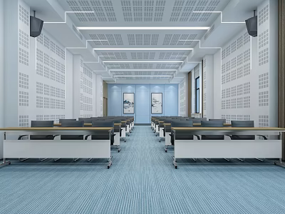 Modern Conference Room Interior Design With Long Tables Chairs Blue Carpet And White Walls 3d model
