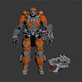 Orange And Silver Armored Robot Character With Mechanical Weapon In Sci Fi Design 3d model
