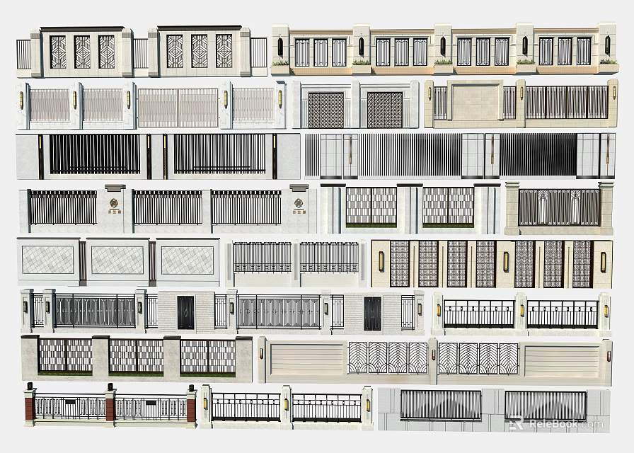Various Building Exterior Wall Designs With Diverse Facade Patterns And Window Styles 3d model