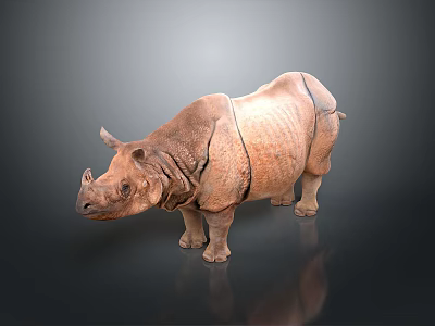 Brown Rhinoceros With Textured Skin Standing On Dark Background With Reflection 3d model