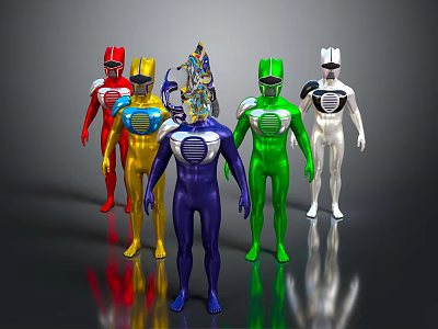 Game and Movie Characters in Red Yellow Blue Green White Costumes With Unique Helmet Designs 3d model