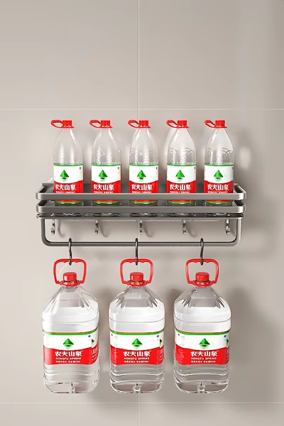 Wall Mounted Metal Bathroom Shelf With Cleaning Bottles And Hanging Hooks 3d model