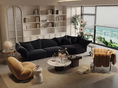 Modern Dark Blue L Shaped Sofa And Round Coffee Table Set With Beige Armchairs 3d model