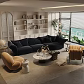 Modern Dark Blue L Shaped Sofa And Round Coffee Table Set With Beige Armchairs
