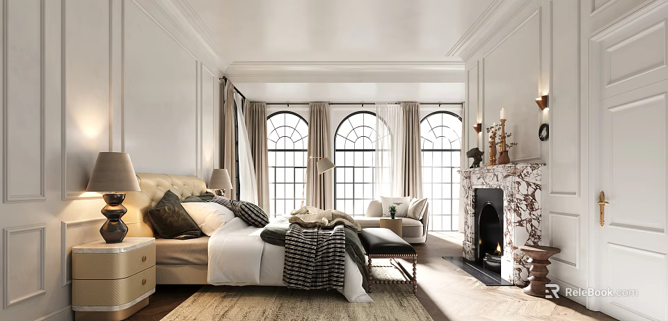 Modern Luxury Bedroom With White Walls Arch Windows Beige Headboard And Marble Fireplace 3d model 