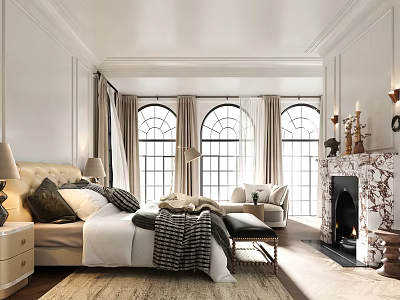 Modern Luxury Bedroom With White Walls Arch Windows Beige Headboard And Marble Fireplace 3d model