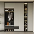 Modern Shoe Cabinet Interior With Hanging Clothes Shoes Storage Space Books And Decorative Plant