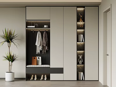 Modern Shoe Cabinet Interior With Hanging Clothes Shoes Storage Space Books And Decorative Plant 3d model
