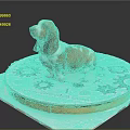 Brown and white Basset Hound sitting on circular platform decorated with gear patterns 3d model