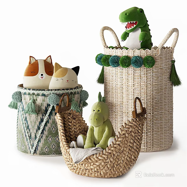 Woven Storage Baskets with Tassels and Pom Poms Holding Stuffed Toys like Cat Crocodile Dinosaur 3d model 