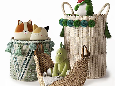 Woven Storage Baskets with Tassels and Pom Poms Holding Stuffed Toys like Cat Crocodile Dinosaur 3d model