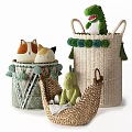 Woven Storage Baskets with Tassels and Pom Poms Holding Stuffed Toys like Cat Crocodile Dinosaur