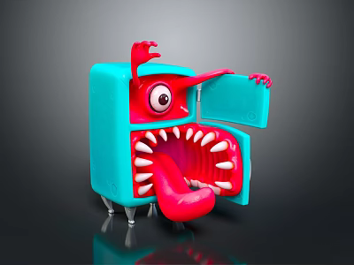 Blue Square Character With Red Monster Features Big Eye Sharp Teeth And Sticking Tongue 3d model