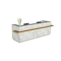 Modern Reception Desk With Gray Countertop Wooden Cabinets Two Computer Monitors And Green Plant