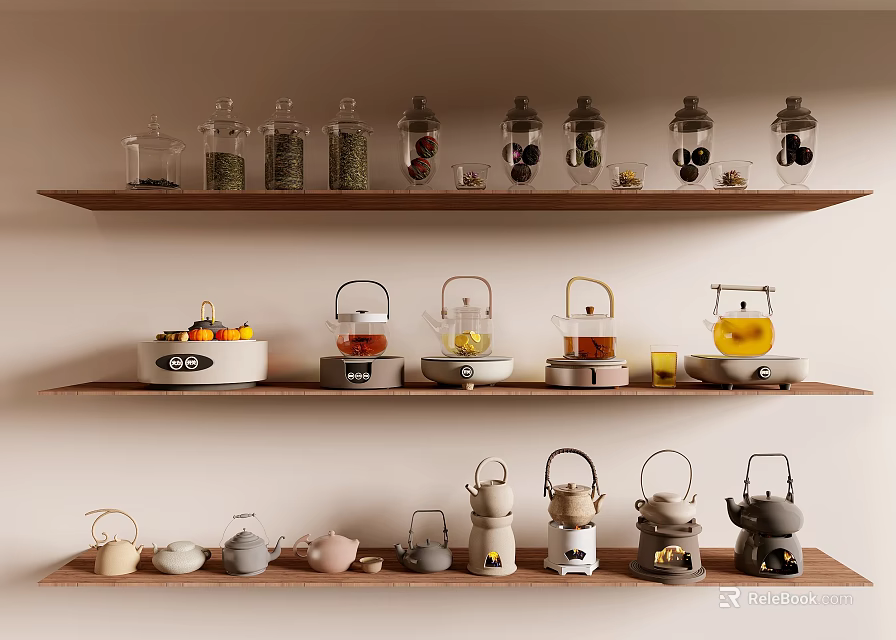 Home Tea Display Shelves With Glass Jars Teapots And Ceramic Sets 3d model 