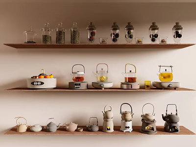Home Tea Display Shelves With Glass Jars Teapots And Ceramic Sets 3d model