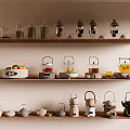 Home Tea Display Shelves With Glass Jars Teapots And Ceramic Sets