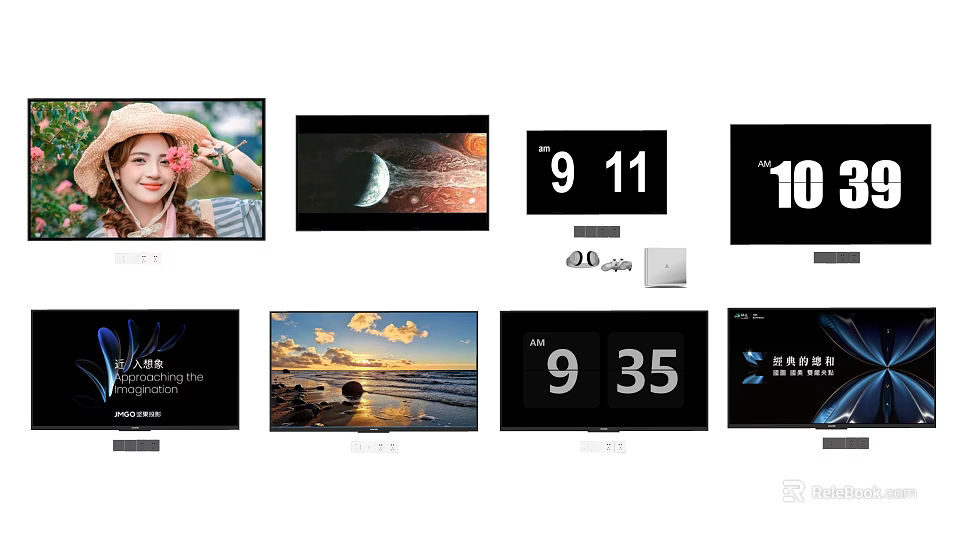 Modern Television Screens Displaying Various Content Like Scenery Time And 3d model 