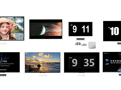 Modern Television Screens Displaying Various Content Like Scenery Time And 3d model