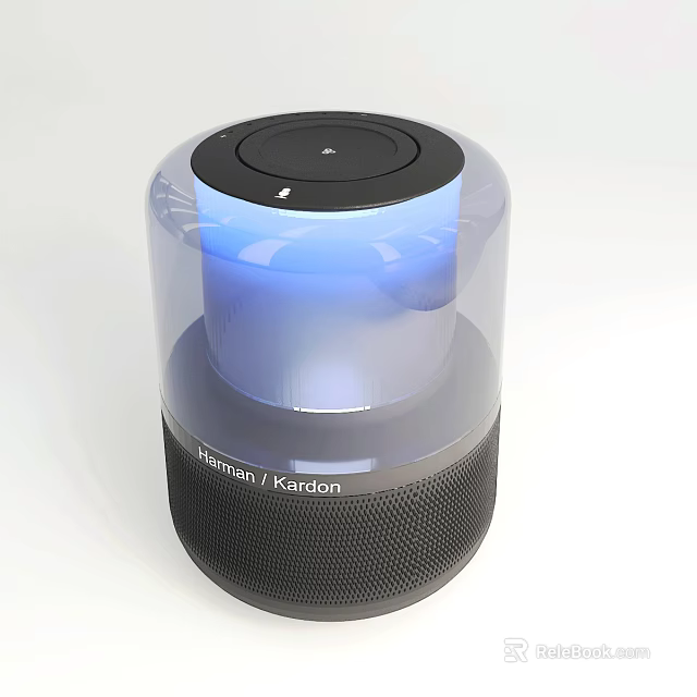 Harman Kardon Bluetooth Speaker with Transparent Cylinder Design Blue Illumination and Black Mesh Base Modern Audio Device 3d model 