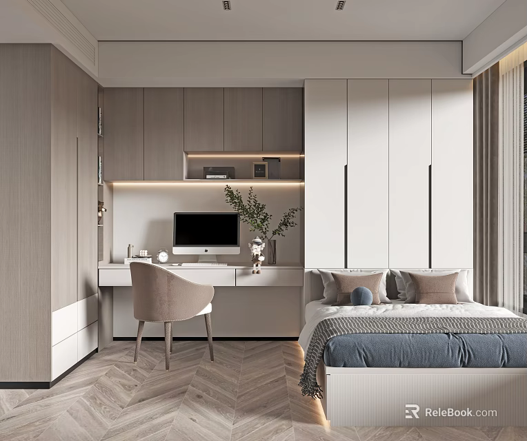 Modern Tatami Bedroom Interior Design With Desk Chair Wardrobe And Lighting Elements 3d model 