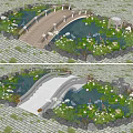 Scenic Landscape Bridge Over Pond With Water Lilies Flowers Stones And Paved Path