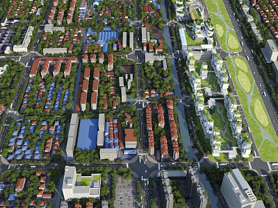 Birds Eye View Planning Featuring Urban Layout Residential Commercial Buildings Road Networks and Green Spaces 3d model