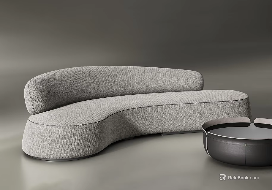 Modern Gray Fabric Curved Sectional Sofa With Round Side Coffee Table 3d model 