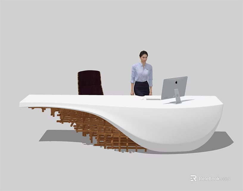 Modern White Reception Desk With Curved Design Wooden Base And Mac Computer 3d model 