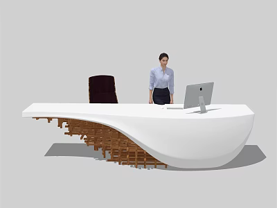 Modern White Reception Desk With Curved Design Wooden Base And Mac Computer 3d model