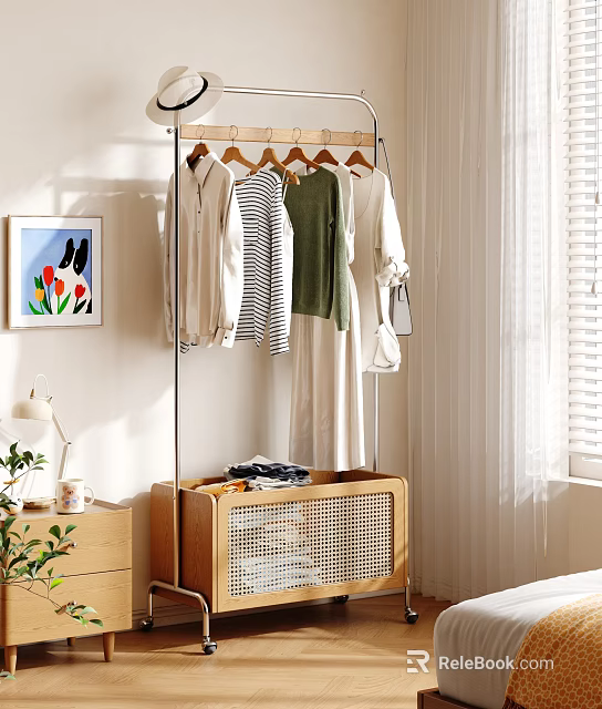 Modern Clothes Rack With Hanging Shirts And Wooden Rattan Storage Box In Bright Room 3d model 