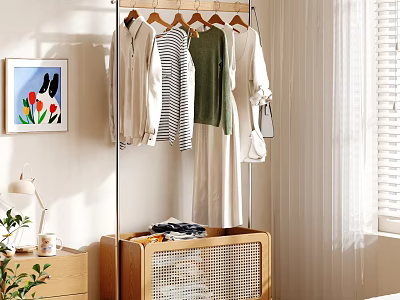 Modern Clothes Rack With Hanging Shirts And Wooden Rattan Storage Box In Bright Room 3d model
