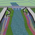Garden Landscape Design With Water Channel Lush Green Plants Manicured Lawn And Red Path