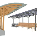 Outdoor Canopy Structure With Wooden Frames Transparent Roof Benches And Bicycles