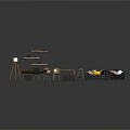 Modern Sofa and Coffee Table Set with Yellow Cushions Wooden Table Shelves and Floor Lamp