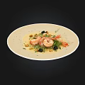 Delicious Shrimp Dish With Creamy Sauce Fresh Herbs And Olives On Ivory Plate