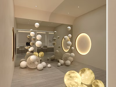 Bright Modern Public Office Space Interior With Spherical Decorations And Circular Lighting 3d model