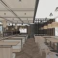 Spacious Restaurant Interior With Wooden Tables Chairs Hanging Lanterns And Large Windows