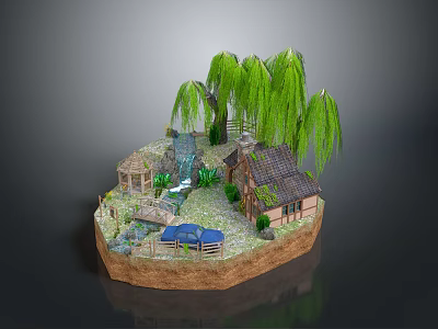 Miniature Garden Scene With Willow Trees Small House Blue Car Bridge And Waterfall 3d model